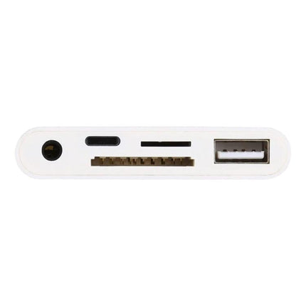 A Handy Adapter for Everyday Device Charging and Audio white 8-pin to 3.5mm and USB splitter for charging and headphones