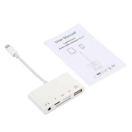 A Handy Adapter for Everyday Device Charging and Audio - white 8-pin to 3.5mm and USB splitter with user manual