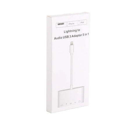 A Handy Adapter for Everyday Device Charging and Audio - white Lightning to 3.5mm and USB splitter packaging, supports simultaneous charging and audio