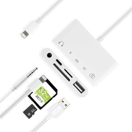 A Handy Adapter for Everyday Device Charging and Audio - white 8-pin to 3.5mm splitter with SD/TF and USB ports, supports simultaneous charge and audio