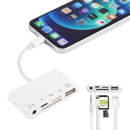 A Handy Adapter for Everyday Device Charging and Audio connecting iPhone via 8-pin to 3.5mm and card reader for simultaneous charge and audio