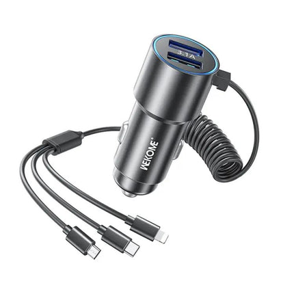 WK 3-in-1 Car Charger, Retractable Cable, Dual USB On-The-Go | Syndmart