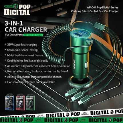 WK 3-in-1 Car Charger, Retractable Cable, Dual USB On-The-Go compact 33W fast car charger with retractable 1m cable and Type-C/8-Pin/Micro USB