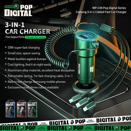 WK 3-in-1 Car Charger, Retractable Cable, Dual USB On-The-Go | Syndmart