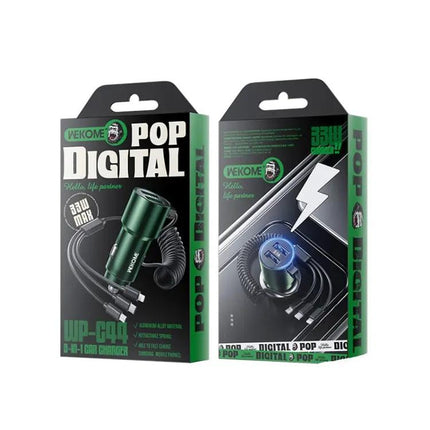WK 3-in-1 Car Charger, Retractable Cable, Dual USB On-The-Go | Syndmart