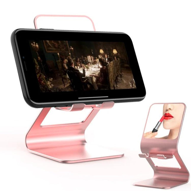 Metal Desktop Stand for Phones, Tablets and Makeup Mirror in rose gold holding phone horizontally with built-in mirror for makeup and video calls