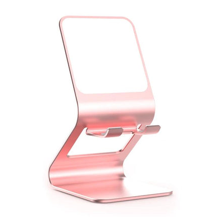Metal Desktop Stand for Phones, Tablets and Makeup Mirror in rose gold metal, angled stable bracket for video calls, reading and makeup
