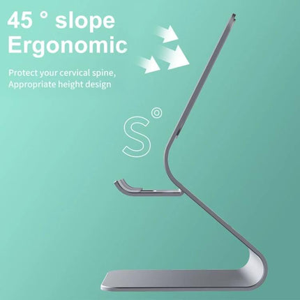 Metal Desktop Stand for Phones, Tablets and Makeup Mirror showing 45° ergonomic metal stand profile for secure device positioning and reduced neck strain