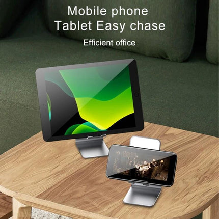 Metal Desktop Stand for Phones, Tablets and Makeup Mirror on wooden table holding tablet and phone at ergonomic angles, stable metal bracket reducing neck strain