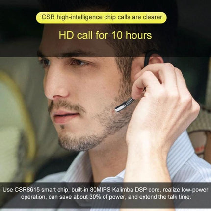 Bluetooth Earpiece Compact Black Hands Free Earbud for Driving and Work shown worn by man in car with movable boom mic
