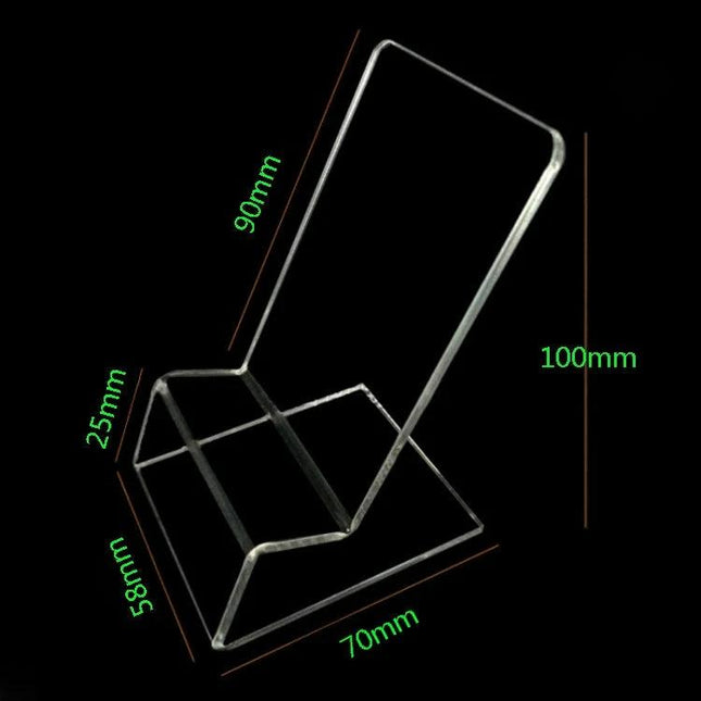 Acrylic Stand for Displaying Mobile Phones, Transparent, 10 Pack - clear compact acrylic phone display stand with measurements (100mm height, 70mm base)