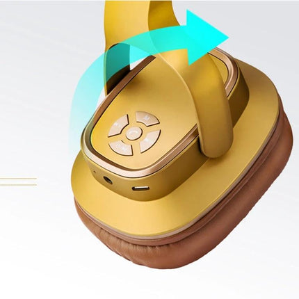 OneDer Wireless Headset For Commuting And Hands Free Calls compact foldable gold Bluetooth headset showing control pad and ports
