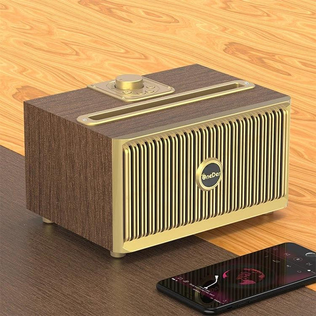 Oneder Portable Bluetooth Speaker For Travel And Daily Use compact wood retro speaker with phone showing Bluetooth playback