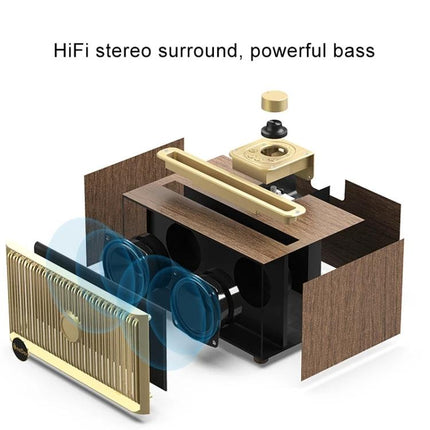 Oneder Portable Bluetooth Speaker For Travel And Daily Use showing exploded view with drivers, bass port and wooden housing