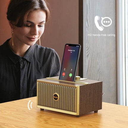 Oneder Portable Bluetooth Speaker For Travel And Daily Use showing docked phone, hands-free calls, compact wood-grain design