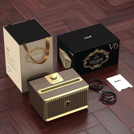 Oneder Portable Bluetooth Speaker For Travel And Daily Use vintage wood V6 speaker with cables boxes manual on floor