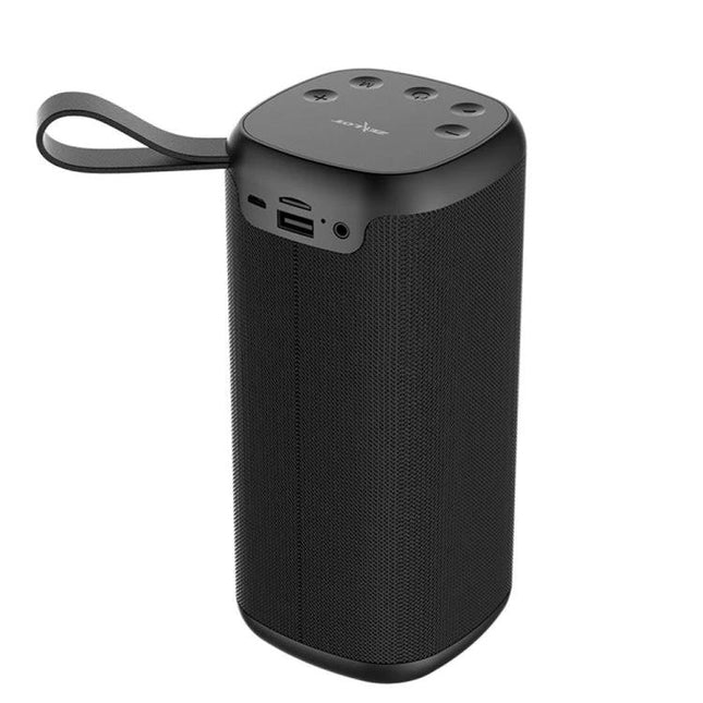 Zealot Compact Bluetooth Speaker For Travel And Commute showing black portable speaker with hand strap, TF slot and top control buttons