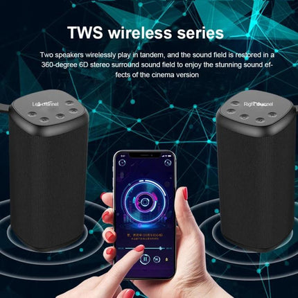 Zealot Compact Bluetooth Speaker For Travel And Commute showing twin TWS speakers, phone streaming, TF card and hand strap features.