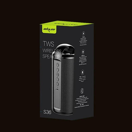 Zealot Compact Bluetooth Speaker With Carry Handle For Travel shown in retail box packaging with control buttons