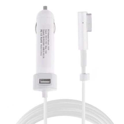 Car Charger for MacBook and iPhone with L MagSafe Cable white car adapter with USB port and L MagSafe connector coiled cable
