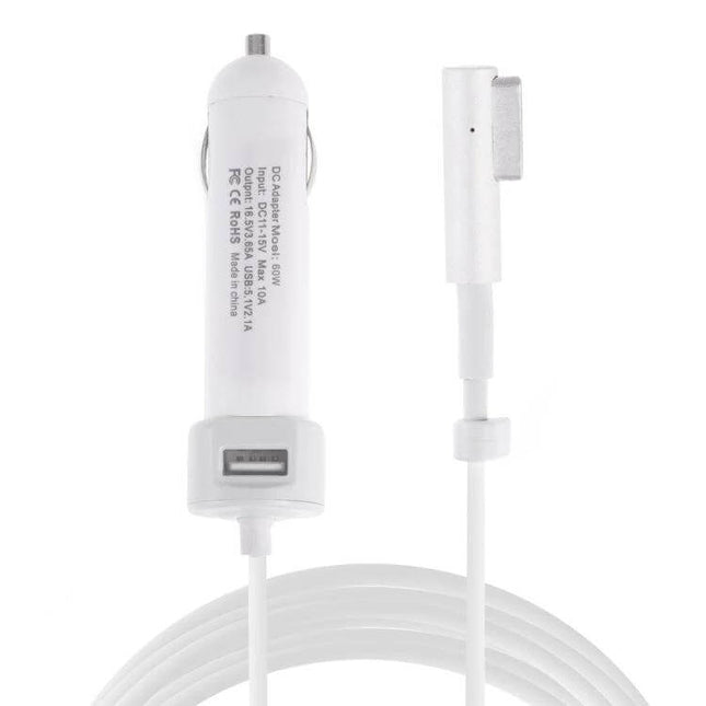 Car Charger for MacBook and iPhone with L MagSafe Cable white car adapter with USB port and L MagSafe connector coiled cable