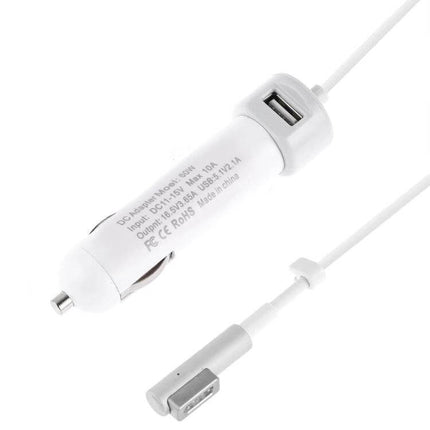 Car Charger for MacBook and iPhone with L MagSafe Cable white in-car charger with USB port and L MagSafe plug for road trips and commutes