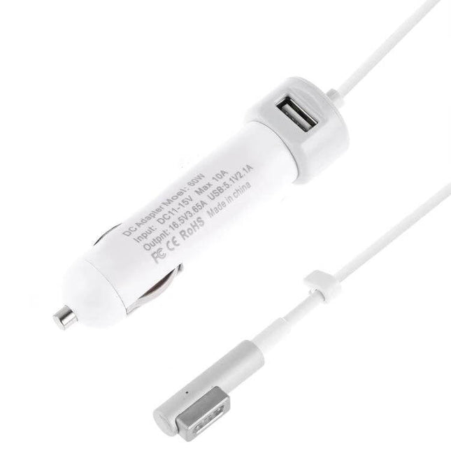 Car Charger for MacBook and iPhone with L MagSafe Cable white in-car charger with USB port and L MagSafe plug for road trips and commutes