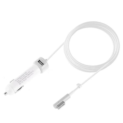 Car Charger for MacBook and iPhone with L MagSafe Cable white in-car charger with USB port and L-shaped MagSafe cable coiled