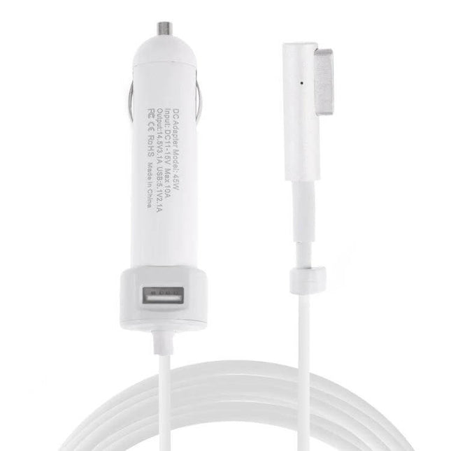 USB Car Charger With MagSafe Cable For MacBook iPhone iPad - white in-car MagSafe charger with USB port and cable
