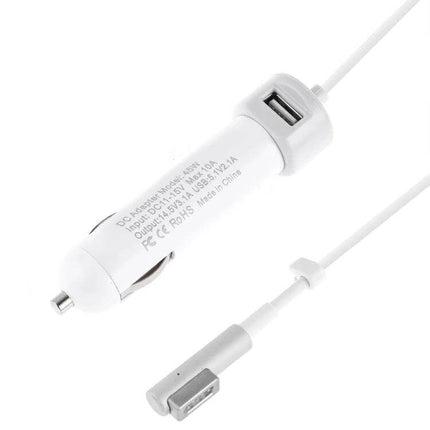 USB Car Charger With MagSafe Cable For MacBook iPhone iPad in white showing USB port and MagSafe cable plugged into car cigarette lighter