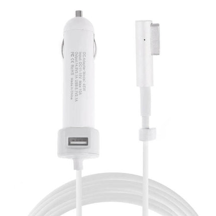 USB Car Charger With MagSafe Cable For MacBook iPhone iPad white in-car USB port and MagSafe connector coiled cable