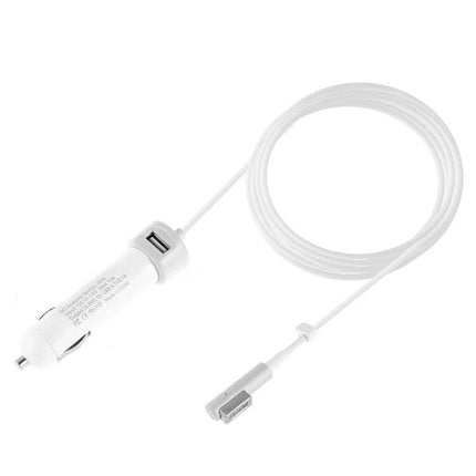 USB Car Charger With MagSafe Cable For MacBook iPhone iPad – white car adapter with MagSafe cable and USB port for charging on the road
