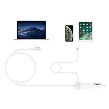 USB Car Charger With MagSafe Cable For MacBook iPhone iPad showing MagSafe cable plus USB port charging MacBook iPhone and iPad in car