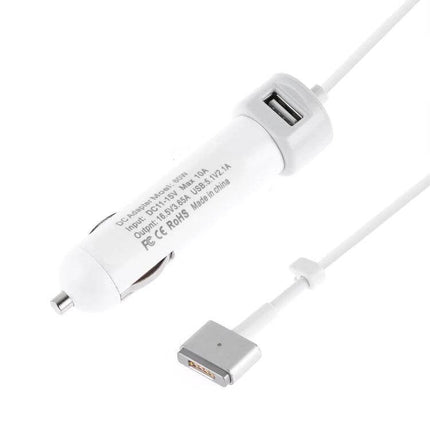 Car Charger With MagSafe Cable For MacBook On The Go – compact white car charger with MagSafe 2 cable and USB port for charging MacBook and iPhone