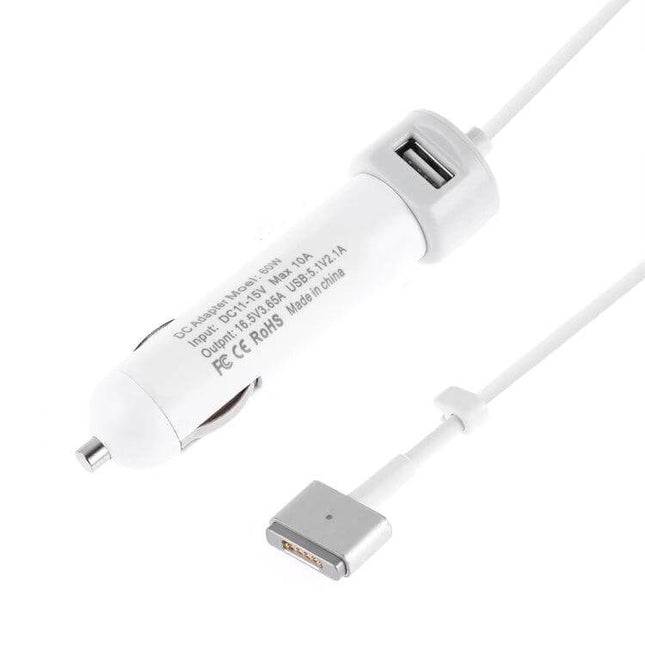 Car Charger With MagSafe Cable For MacBook On The Go – compact white car charger with MagSafe 2 cable and USB port for charging MacBook and iPhone