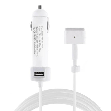 Car Charger With MagSafe Cable For MacBook On The Go – white compact car charger with MagSafe 2 connector and USB port, coiled cable for travel