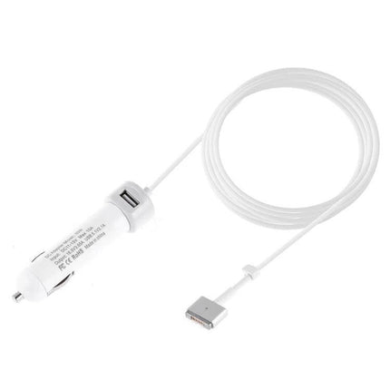 Car Charger With MagSafe Cable For MacBook On The Go – compact white car adapter with MagSafe 2 cable and USB port for charging MacBook, iPhone, iPad