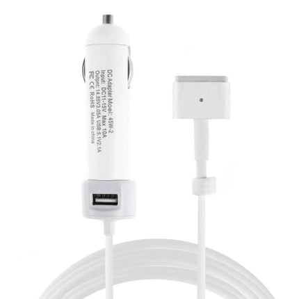 Car Charger With Cable For MacBook And iPad On The Go compact white car charger with MagSafe 2 and USB port, cable coiled for travel