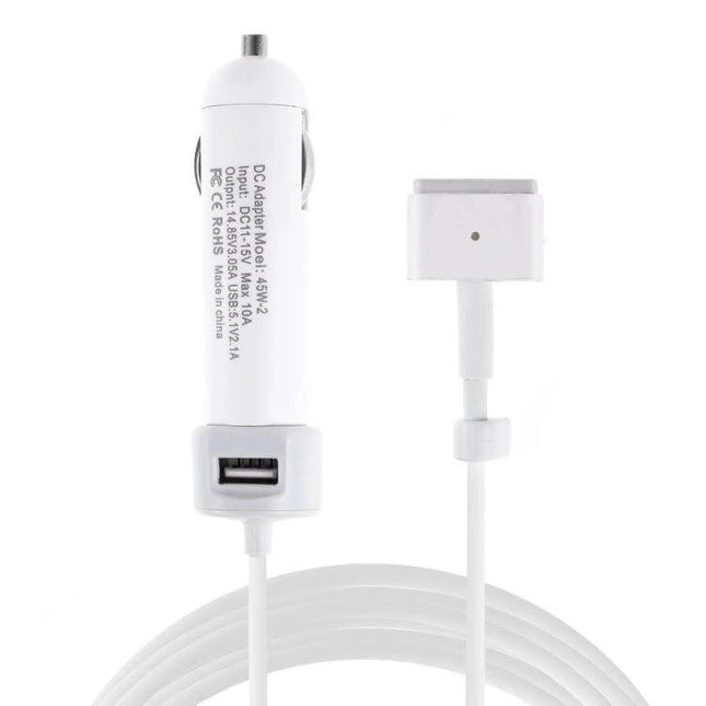 Car Charger With Cable For MacBook And iPad On The Go compact white car charger with MagSafe 2 and USB port, cable coiled for travel