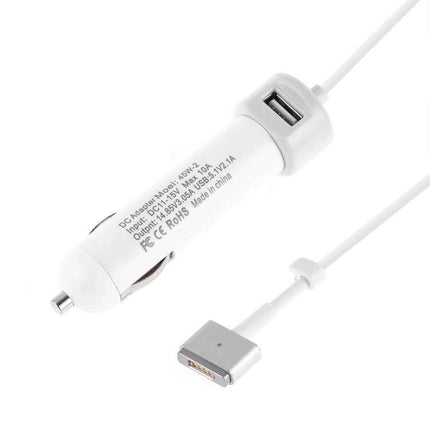 Car Charger With Cable For MacBook And iPad On The Go — white car charger with MagSafe 2 connector and USB port, compact in-vehicle charging cable