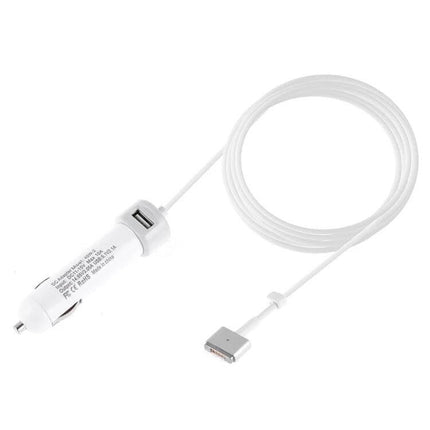Car Charger With Cable For MacBook And iPad On The Go – compact white car charger with MagSafe 2 and USB port, long cable coiled