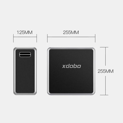 XDOBO Portable Bluetooth Speaker For Home And Picnics showing compact 125mm and 255mm dimensions and black grille