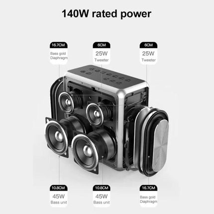 XDOBO Portable Bluetooth Speaker For Home And Picnics showing 140W four-speaker array with portablestrap and multiple inputs