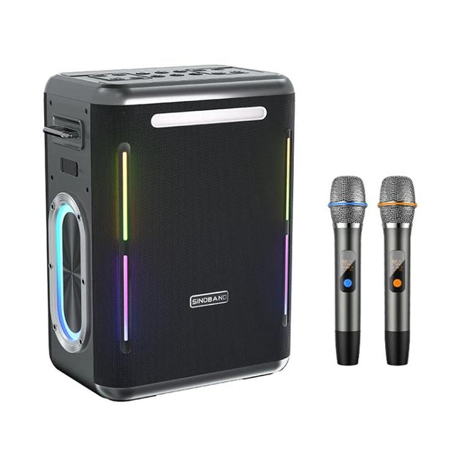 SINOBAND Portable Outdoor Speaker With Mood Light For Picnics with RGB lights, long battery and two wireless mics