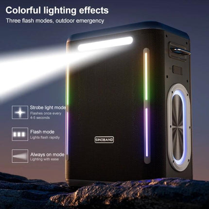 SINOBAND Portable Outdoor Speaker With Mood Light For Picnics showing colorful LED mood lights and flashlight in outdoor setting
