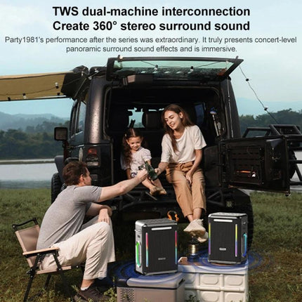 SINOBAND Portable Outdoor Speaker With Mood Light For Picnics showing family camping with twin speakers and mood lights