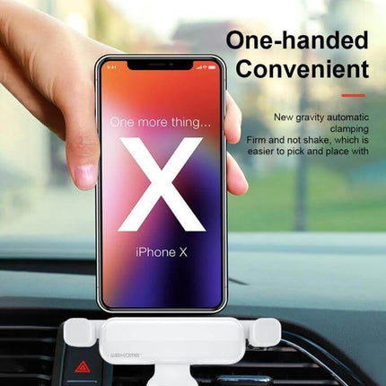 Ideal Series Car Gravity Phone Holder For Air Vent Folding shown mounted on car vent holding iPhone X one-handed, foldable gravity clamp, stable four-corner grip