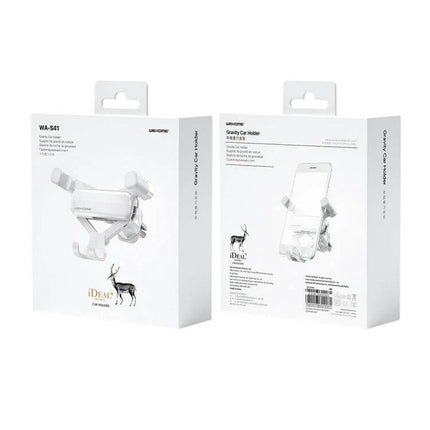 Ideal Series Car Gravity Phone Holder For Air Vent Folding in retail packaging showing front and back box views