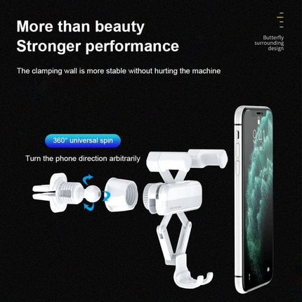 Ideal Series Car Gravity Phone Holder For Air Vent Folding showing foldable white gravity mount holding smartphone with 360° spin and four-corner balance