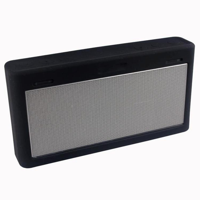 Compact Silicone Carry Case For Bose Portable Speaker shown fitted on SoundLink III, black non-slip protective silicone sleeve